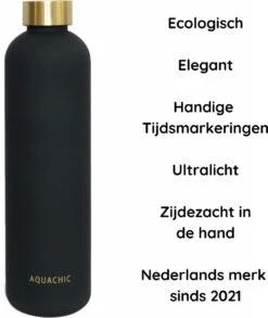 Aquachic - 1L Waterfles Met 2 Doppen En Tijdsmarkeringen - Lekvrij & Licht - Duurzaam - Nederlands Merk - Drink Fles / Bidon- Zwart 1 Liter -Aigostar winkel 1012x1200 2