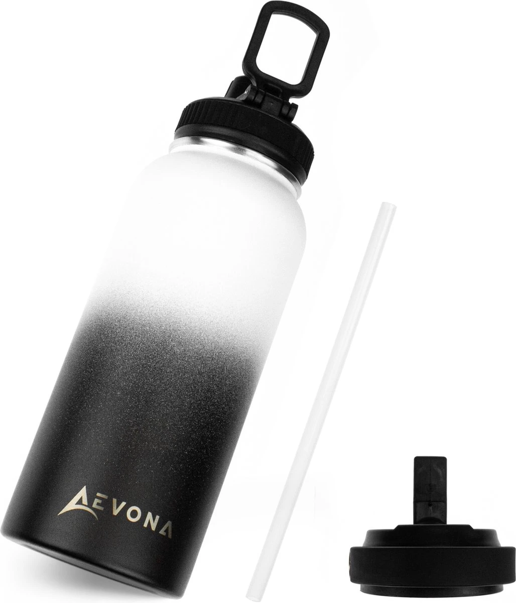 Aevona Waterfles Met Rietje - Thermosfles - Incl 2 Doppen - RVS - 1 Liter 3 Aevona Waterfles Met Rietje - Thermosfles - Incl 2 Doppen - RVS - 1 Liter