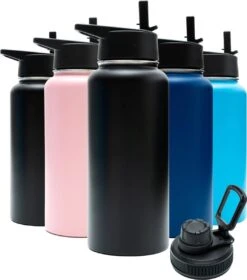 Drinkfles - Onyx Black - 1 Liter - Extra Dop Met Rietje & Drinktuit - Waterfles Met Rietje - Isoleerfles - BPA Vrij - Lekvrij