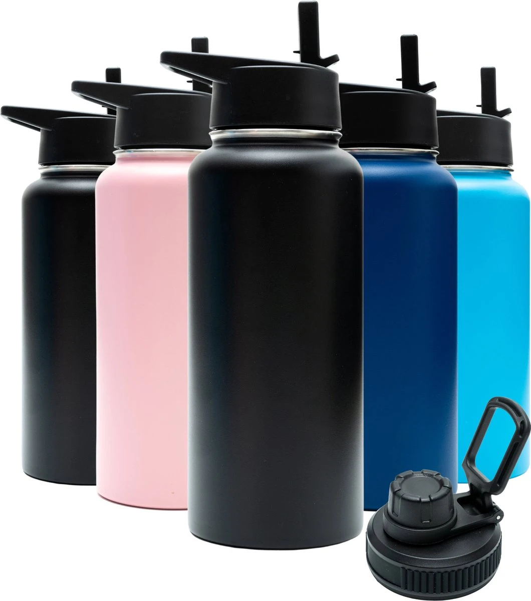 Drinkfles - Onyx Black - 1 Liter - Extra Dop Met Rietje & Drinktuit - Waterfles Met Rietje - Isoleerfles - BPA Vrij - Lekvrij 3 Drinkfles - Onyx Black - 1 Liter - Extra Dop Met Rietje & Drinktuit - Waterfles Met Rietje - Isoleerfles - BPA Vrij - Lekvrij