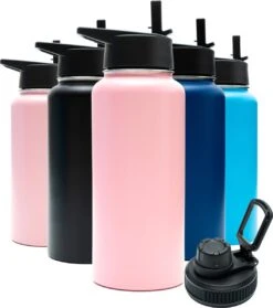 Drinkfles - Pastel Pink - 1 Liter - Extra Dop Met Rietje & Drinktuit - Waterfles Met Rietje - Isoleerfles - BPA Vrij - Lekvrij