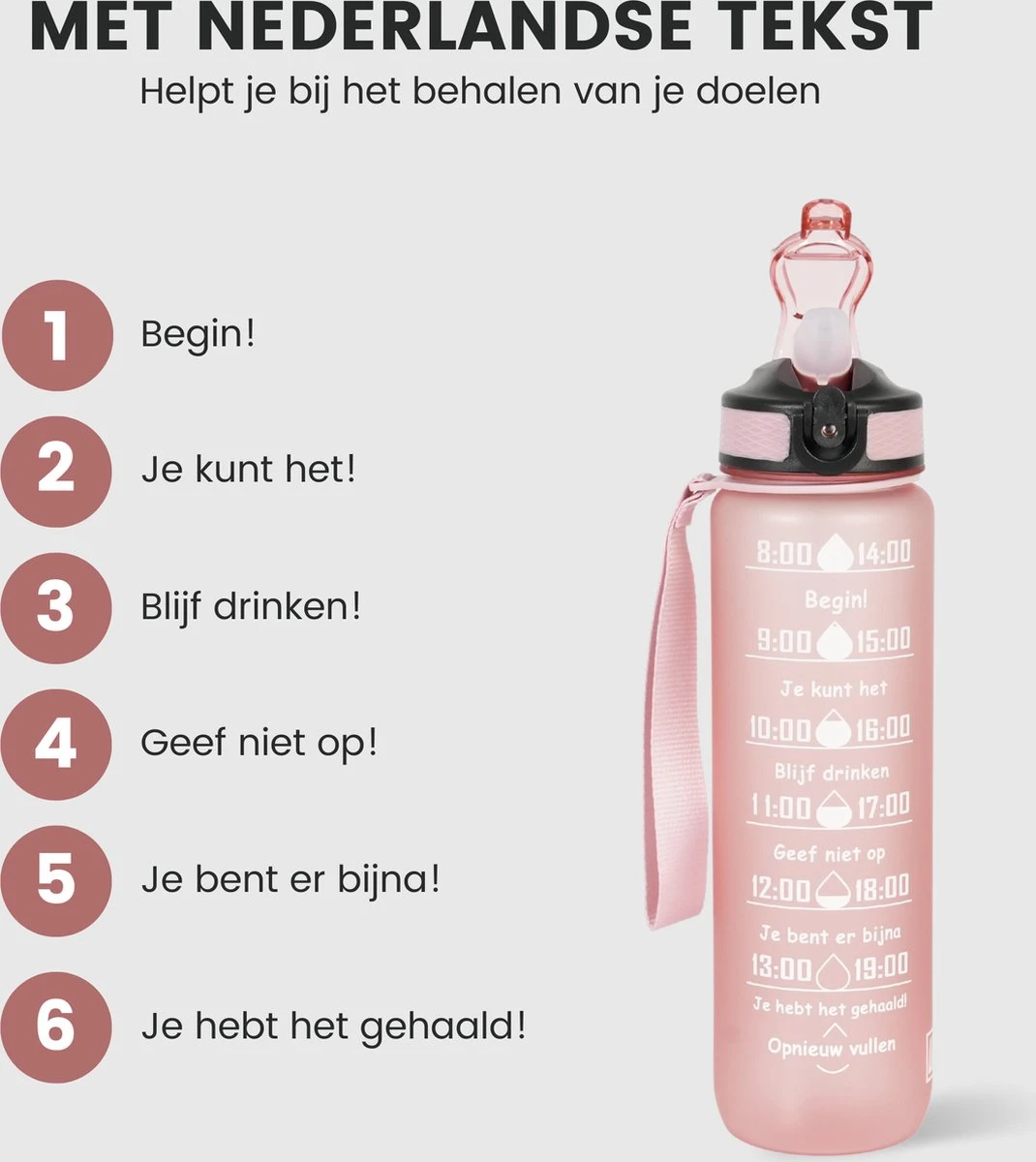 Lacardia Nederlandse Motivatie Waterfles Rosé Goud 'Nederlandse Tekst' - Drinkfles Met Rietje - Waterfles 1 Liter - Waterfles Met Tijdmarkering 4 Lacardia Nederlandse Motivatie Waterfles Rosé Goud 'Nederlandse Tekst' - Drinkfles Met Rietje - Waterfles 1 Liter - Waterfles Met Tijdmarkering - Afbeelding 2