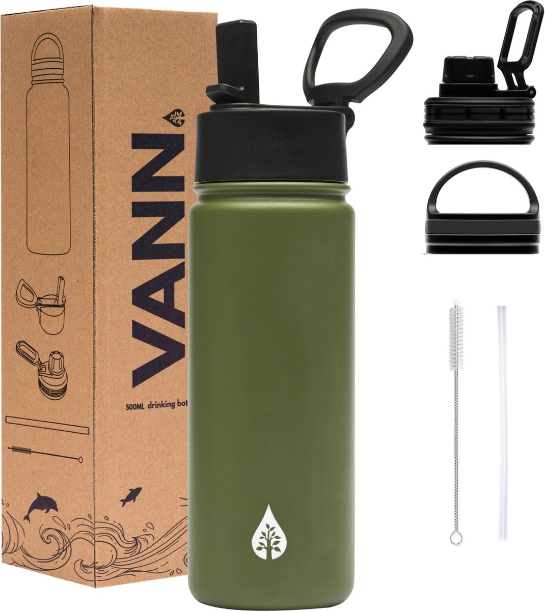 VANN Drinkfles 500 Ml Met Rietje Multifunctioneel - Waterfles Volwassenen - RVS Inclusief 3 Doppen - 24uur Koud/12 Uur Warm - Groen 3 VANN Drinkfles 500 Ml Met Rietje Multifunctioneel - Waterfles Volwassenen - RVS Inclusief 3 Doppen - 24uur Koud/12 Uur Warm - Groen
