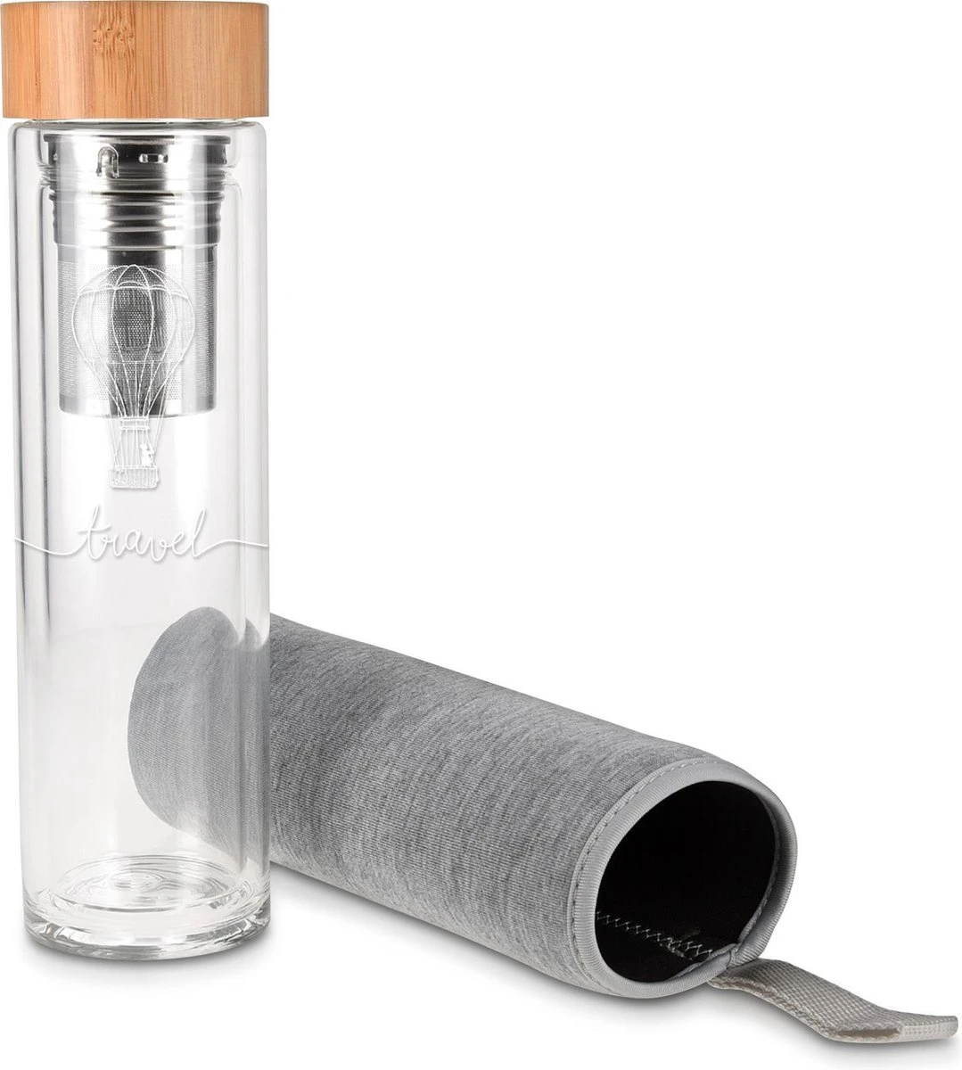 Navaris Glazen Theefles Met Filter - 450 Ml - Waterfles Van Glas - Dubbelwandige Drinkfles - Fles Met Bamboe Dop, Thee Infuser En Hoes - Travel Design 4 Navaris Glazen Theefles Met Filter - 450 Ml - Waterfles Van Glas - Dubbelwandige Drinkfles - Fles Met Bamboe Dop, Thee Infuser En Hoes - Travel Design - Afbeelding 2