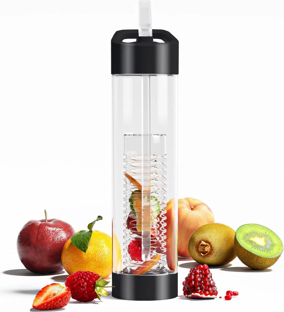 Waterfles Met Rietje - Fruit Filter - Tritan Drinkfles - Volwassenen - Zwart - Kerstcadeau 3 Waterfles Met Rietje - Fruit Filter - Tritan Drinkfles - Volwassenen - Zwart - Kerstcadeau