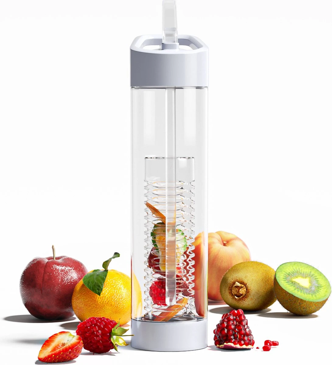 Waterfles Met Rietje - Fruit Filter - Tritan Drinkfles - Volwassenen - Wit - Kerstcadeau 3 Waterfles Met Rietje - Fruit Filter - Tritan Drinkfles - Volwassenen - Wit - Kerstcadeau
