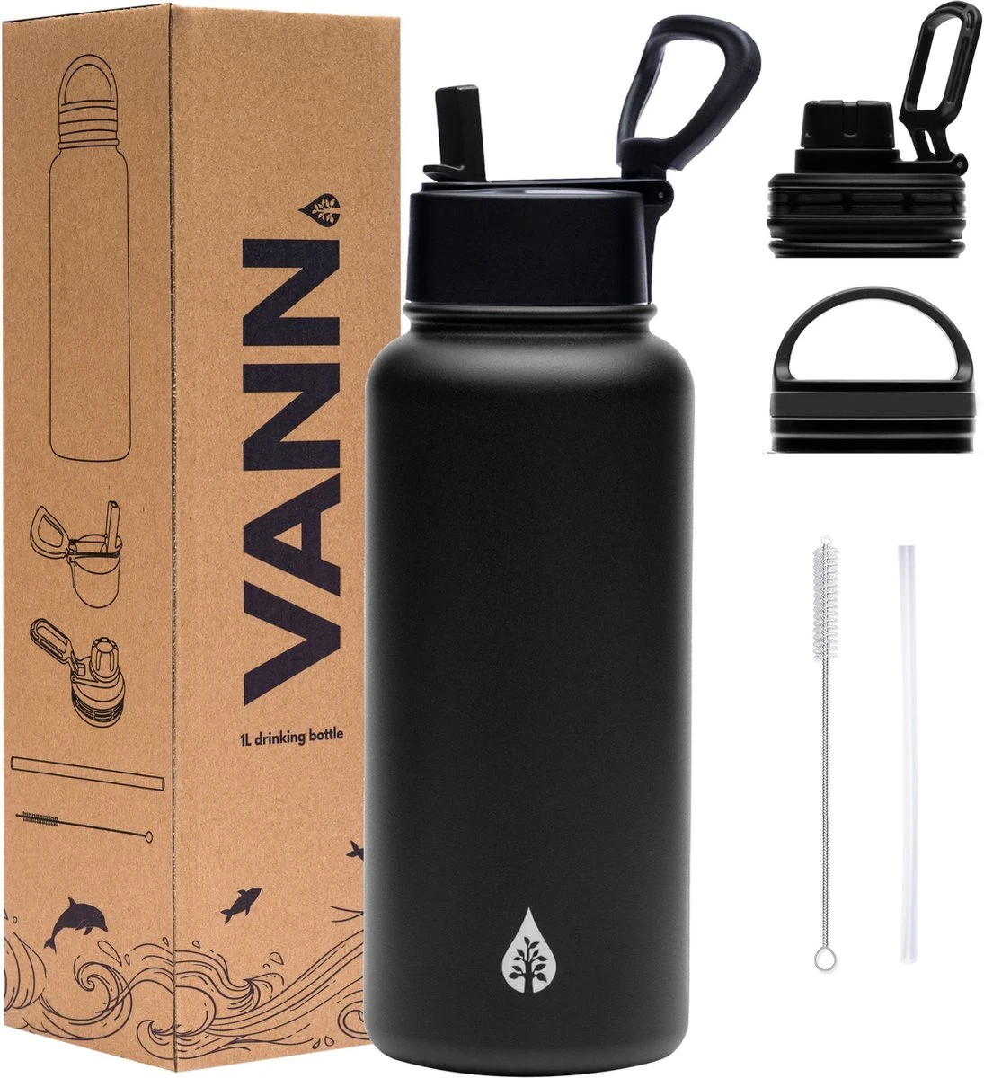Waterfles 1 Liter Multifunctioneel Met Rietje - Drinkfles Volwassenen – Met 3 Doppen – RVS – 24uur Koud/12 Uur Warm - Zwart 3 Waterfles 1 Liter Multifunctioneel Met Rietje - Drinkfles Volwassenen – Met 3 Doppen – RVS – 24uur Koud/12 Uur Warm - Zwart