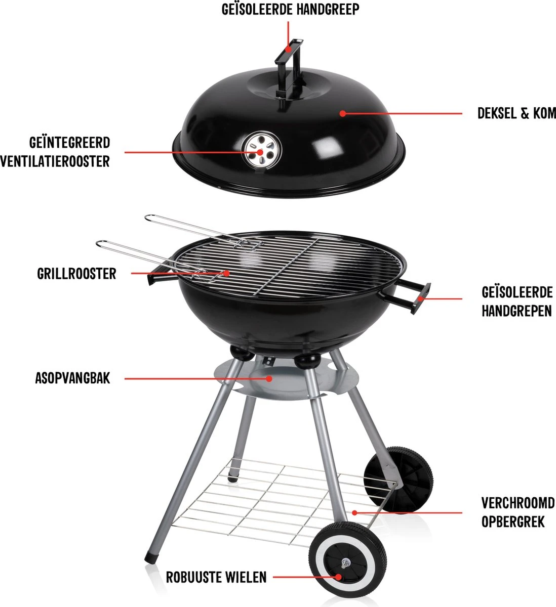 BBQ Collection Houtskoolbarbecue - Kogelbarbecue 45 X 60 Centimeter - Ronde Barbecue - Barbecue Op Wielen - Zwart - Metaal 9 BBQ Collection Houtskoolbarbecue - Kogelbarbecue 45 X 60 Centimeter - Ronde Barbecue - Barbecue Op Wielen - Zwart - Metaal - Afbeelding 7