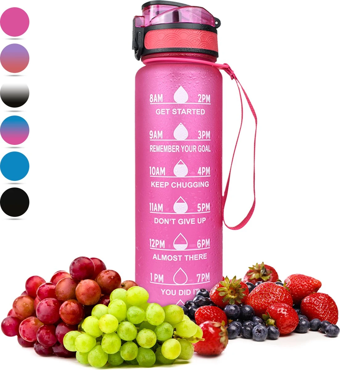 Nimma® Motivatie Waterfles - 1 Liter Drinkfles - Met Tijdmarkeringen En Fruitfilter - Roze 3 Nimma® Motivatie Waterfles - 1 Liter Drinkfles - Met Tijdmarkeringen En Fruitfilter - Roze