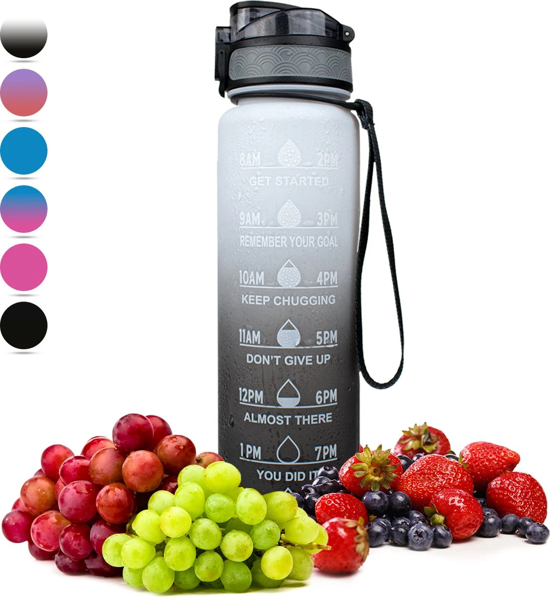 Nimma® Motivatie Waterfles - 1 Liter Drinkfles - Met Tijdmarkeringen En Fruitfilter - Zwart Wit 3 Nimma® Motivatie Waterfles - 1 Liter Drinkfles - Met Tijdmarkeringen En Fruitfilter - Zwart Wit