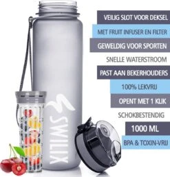 Swilix ® Drinkfles - 1 Liter - Waterfles Met Tijdmarkering - Met 2 Fruitfilters - Grijs 15 Swilix ® Drinkfles - 1 Liter - Waterfles Met Tijdmarkering - Met 2 Fruitfilters - Grijs -Aigostar winkel 1147x1200