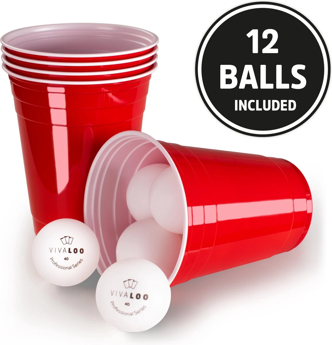 VIVALOO Bierspel – Drankspel - Set Van 100 Plastic Bekers En 12 Beer Pong Ballen – Feest Wegwerpbekers – Rood - 455 Ml 3 VIVALOO Bierspel – Drankspel - Set Van 100 Plastic Bekers En 12 Beer Pong Ballen – Feest Wegwerpbekers – Rood - 455 Ml