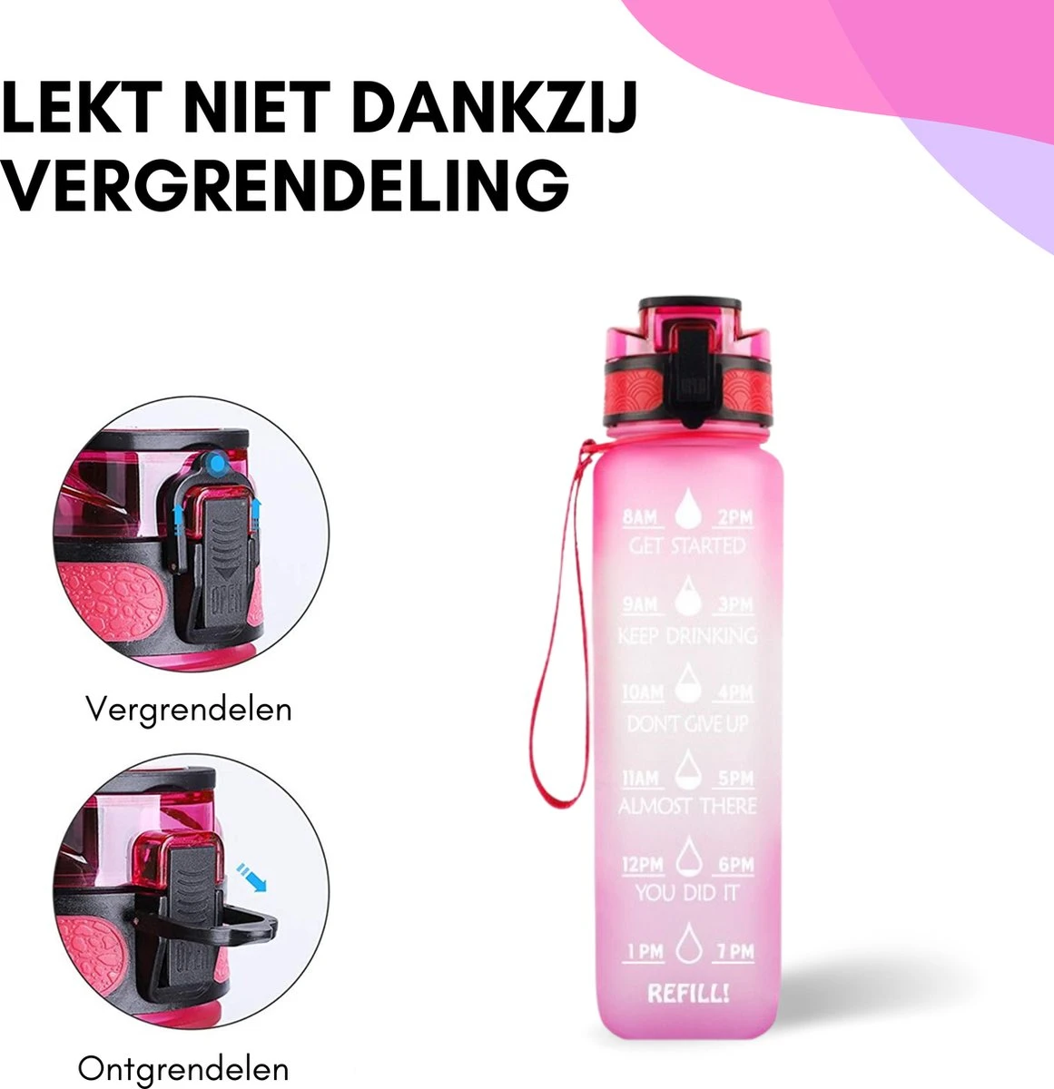 LaCardia Motivatie Waterfles Roze Paars - 1 Liter Drinkfles - Waterfles Met Tijdmarkering - Roze + Paars 5 LaCardia Motivatie Waterfles Roze Paars - 1 Liter Drinkfles - Waterfles Met Tijdmarkering - Roze + Paars - Afbeelding 3