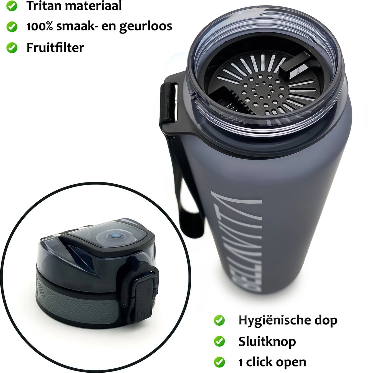 BELLAVITA Drinkfles - Zwart - Waterfles - Drinkfles Volwassenen - Drinkfles Kinderen - Drinkfles 1 Liter - Fles - 1 Liter - 1000ml - Tritan - Fruitfilter- BPA-vrij - 100% Lekvrij 6 BELLAVITA Drinkfles - Zwart - Waterfles - Drinkfles Volwassenen - Drinkfles Kinderen - Drinkfles 1 Liter - Fles - 1 Liter - 1000ml - Tritan - Fruitfilter- BPA-vrij - 100% Lekvrij - Afbeelding 4