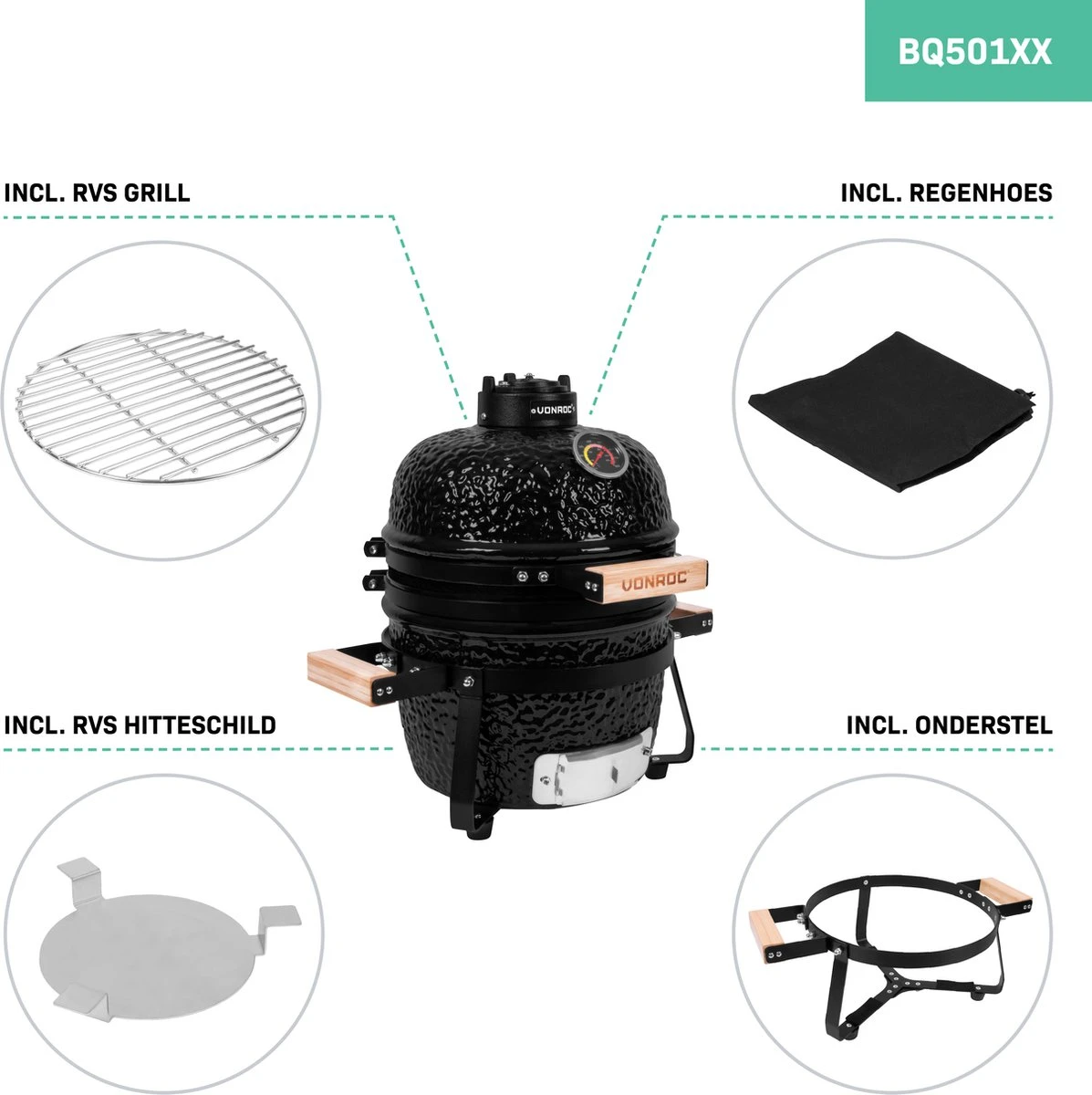 VONROC - BBQ - Kamado - 13 Inch - Ø27cm Kookoppervlak - Houtskoolbarbecue – Keramisch - Tafelmodel - Met Onderstel, Thermometer, Plate Setter & Regenhoes 11 VONROC - BBQ - Kamado - 13 Inch - Ø27cm Kookoppervlak - Houtskoolbarbecue – Keramisch - Tafelmodel - Met Onderstel, Thermometer, Plate Setter & Regenhoes - Afbeelding 9