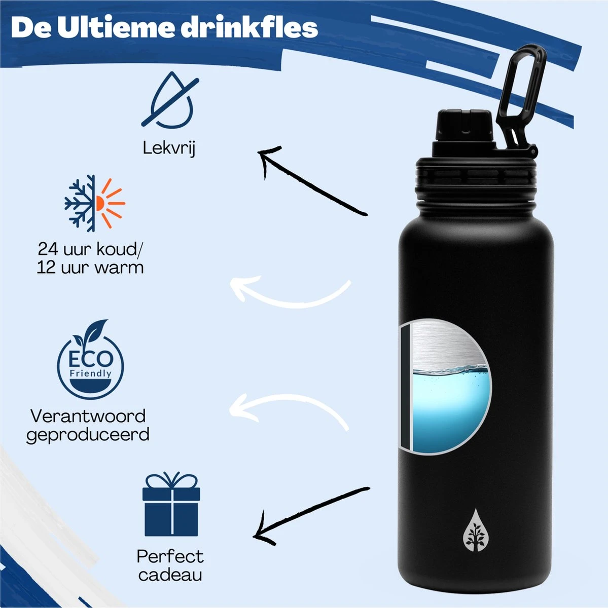 Waterfles 1 Liter Multifunctioneel Met Rietje - Drinkfles Volwassenen – Met 3 Doppen – RVS – 24uur Koud/12 Uur Warm - Zwart 4 Waterfles 1 Liter Multifunctioneel Met Rietje - Drinkfles Volwassenen – Met 3 Doppen – RVS – 24uur Koud/12 Uur Warm - Zwart - Afbeelding 2
