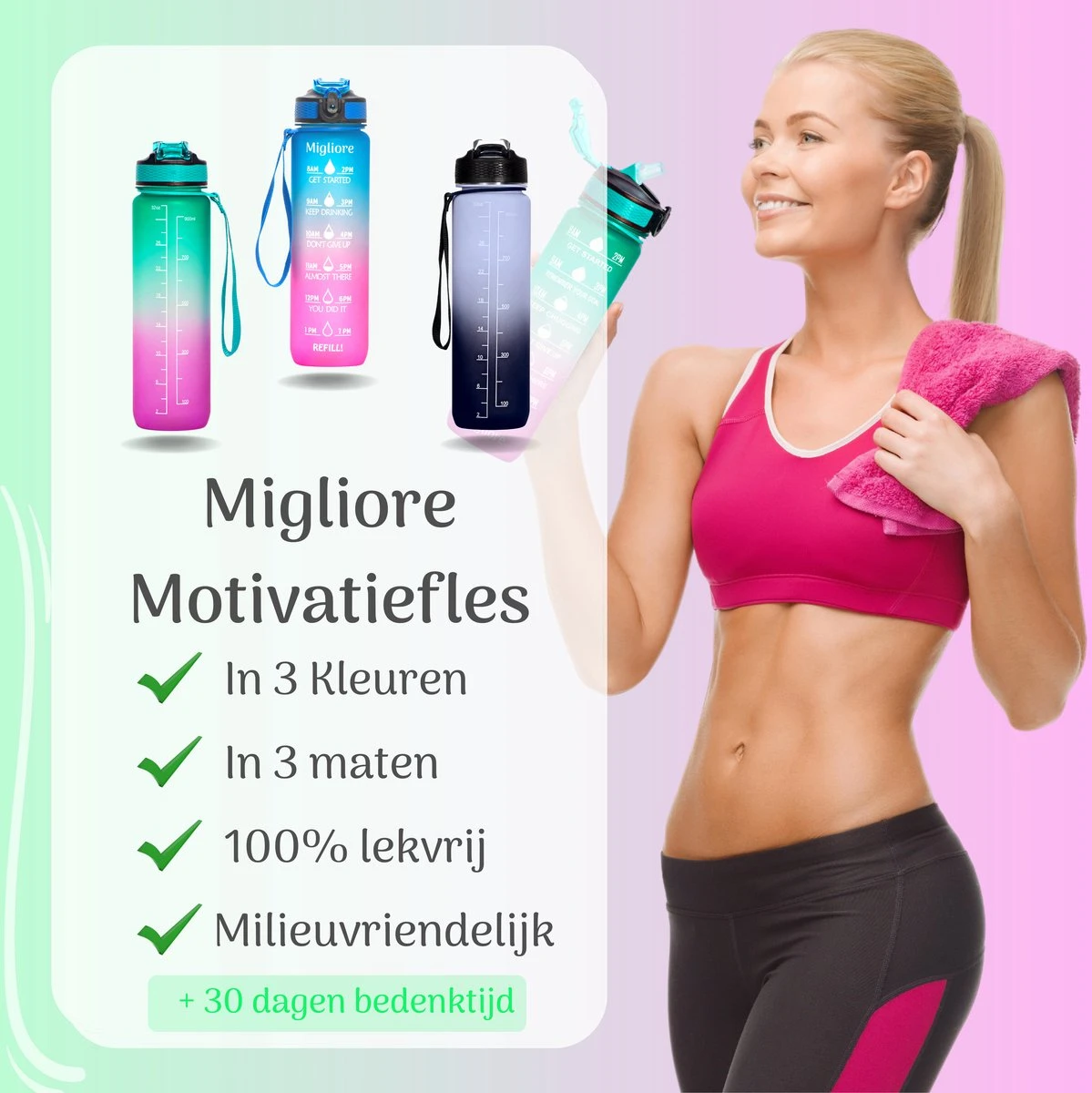 Migliore Drinkfles – Luxe Drinkfles Met Rietje – Waterfles 1 Liter – Water Bottle – Motivatie Waterfles Met Tijdmarkeringen - Ook In 600 Ml En 2 Liter 4 Migliore Drinkfles – Luxe Drinkfles Met Rietje – Waterfles 1 Liter – Water Bottle – Motivatie Waterfles Met Tijdmarkeringen - Ook In 600 Ml En 2 Liter - Afbeelding 2
