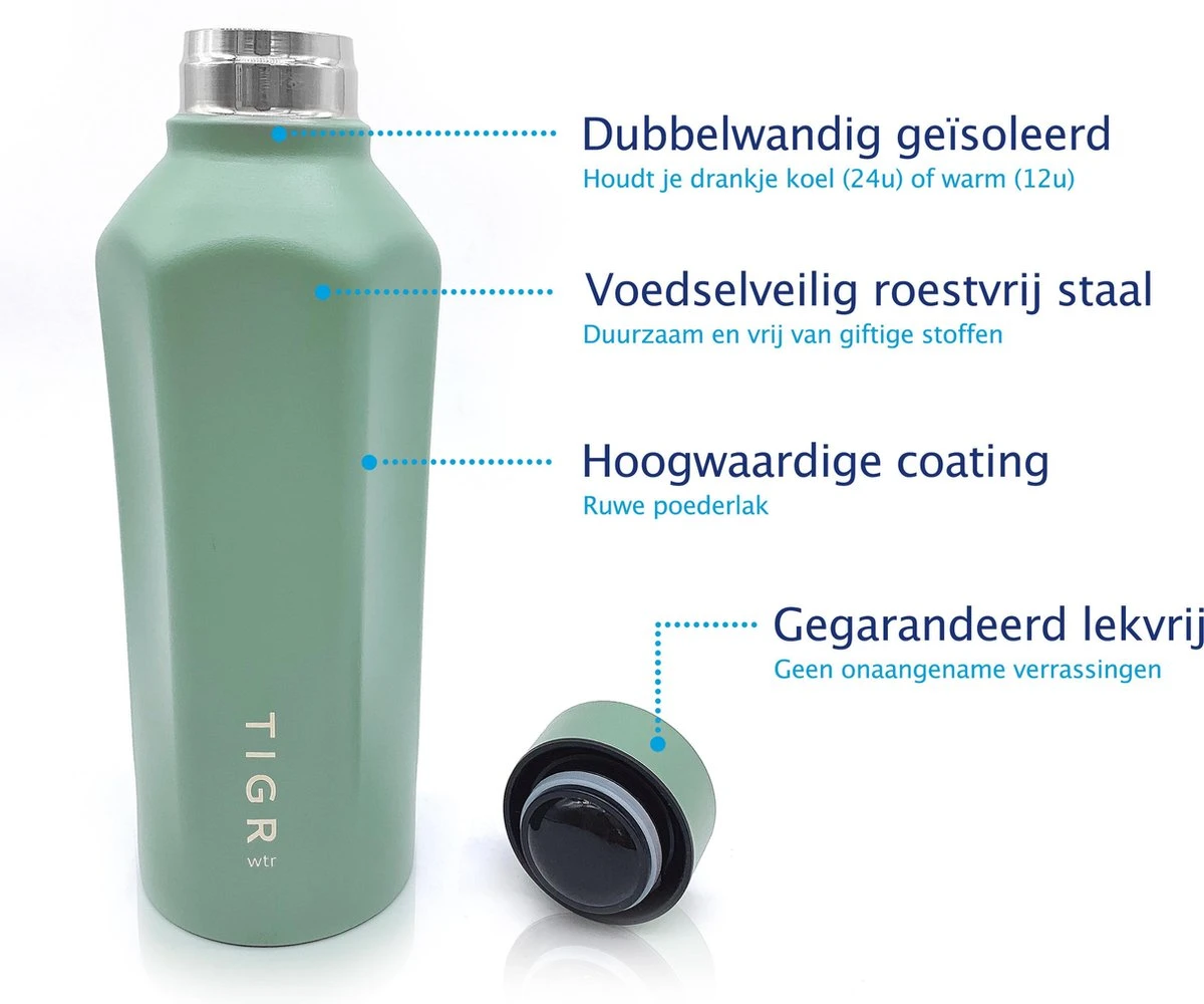 TIGR Hexagon - Drinkfles - Thermosfles - RVS - 500ml - Groen - Met Afwasborstel 4 TIGR Hexagon - Drinkfles - Thermosfles - RVS - 500ml - Groen - Met Afwasborstel - Afbeelding 2