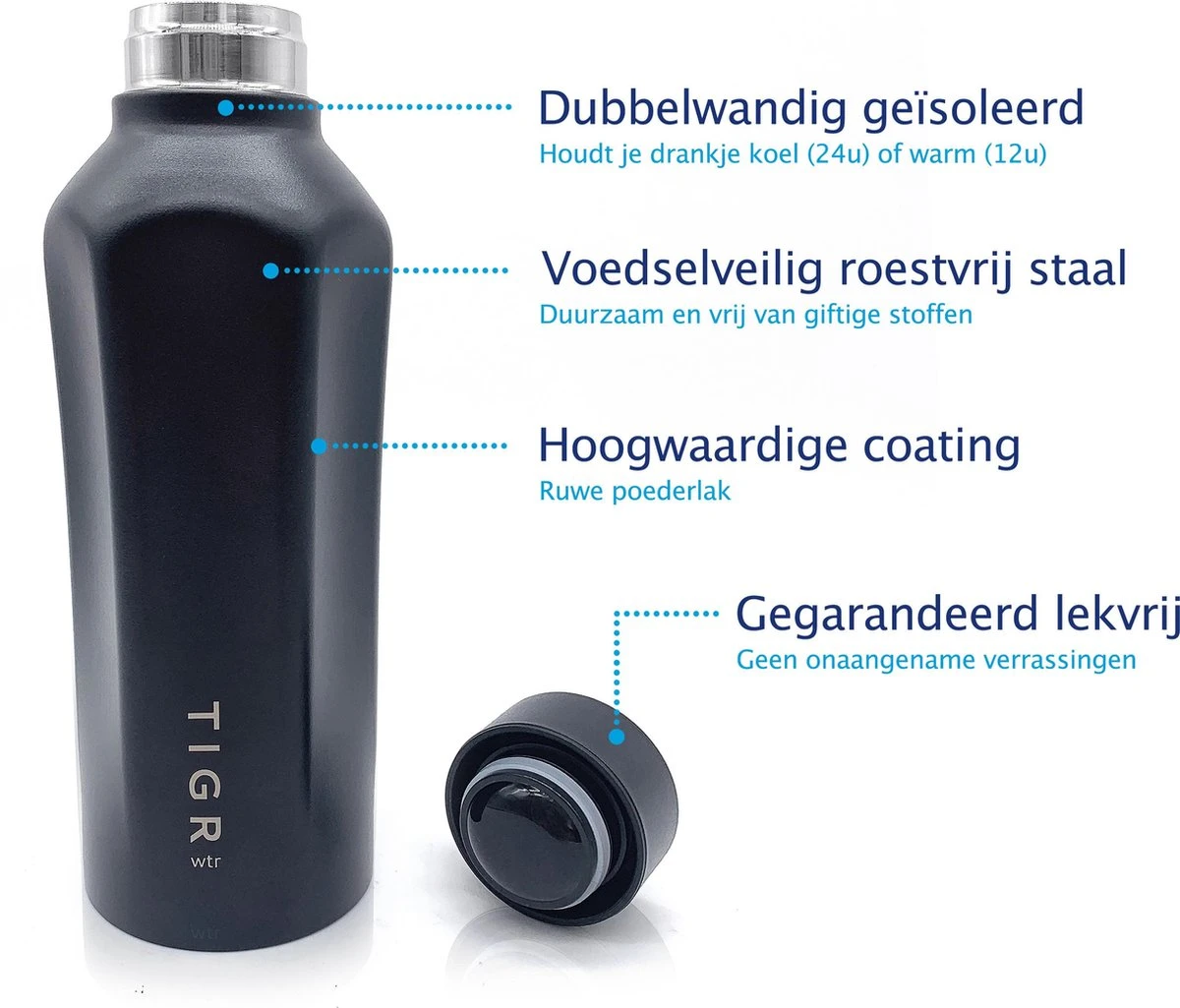 TIGR Hexagon - Drinkfles - Thermosfles - RVS - 500ml - Zwart - Met Afwasborstel 7 TIGR Hexagon - Drinkfles - Thermosfles - RVS - 500ml - Zwart - Met Afwasborstel - Afbeelding 5