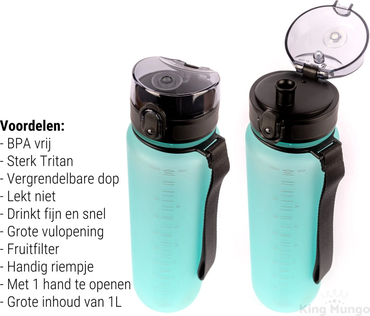 Drinkfles - 1 Liter - Sport Bidon Drinkbus 1000ml - Lichtblauw - King Mungo KMDF043 4 Drinkfles - 1 Liter - Sport Bidon Drinkbus 1000ml - Lichtblauw - King Mungo KMDF043 - Afbeelding 2