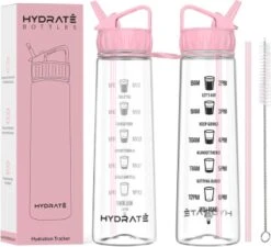 HYDRATE 900ml Drinkfles Met Tijdmarkeringen - Sport Waterfles Met Rietje, BPA-vrije Drinkfles Rietje Van Tritan Ideaal Voor Sportschool, Kantoor, Wandelen, Fitness, Sportfles (Zacht Roze) -Aigostar winkel 1200x1094 11