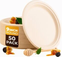 BEELEEVE [50-Pack] Wegwerp Ronde Bagasse Papieren Platen - Sterk, Composteerbaar, Milieuvriendelijk, Suikerriet Vezel - Heavy Duty, Biologisch Afbreekbaar, Duurzaam, BBQ, Picknick, Keuken, Natuurlijk Bruin (23cm-9in)