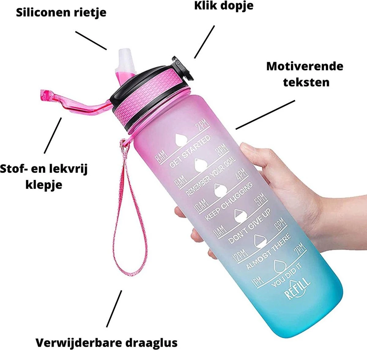 Merkloos Motivatie Drinkfles - Waterfles Met Tijdmarkering - Met Siliconen Rietje - Lichroze - 1 Liter - Tijdmarkeringen - BPA Vrij - Handige Drinktuit - Bidon - Water Drinken - Volwassenen En Kinderen - Cadeau - Valentijnsdag - Sportfles - Fitness 6 Merkloos Motivatie Drinkfles - Waterfles Met Tijdmarkering - Met Siliconen Rietje - Lichroze - 1 Liter - Tijdmarkeringen - BPA Vrij - Handige Drinktuit - Bidon - Water Drinken - Volwassenen En Kinderen - Cadeau - Valentijnsdag - Sportfles - Fitness - Afbeelding 4