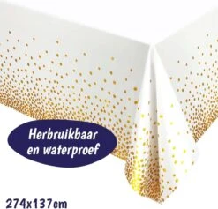 Merkloos Tafelkleed Pasen – Wit Tafelzeil Met Gouden Stippen – Oud & Nieuw - Nieuwjaar - Plastic Tafellaken – Verjaardag Feest Accessoires – Kerst Decoratie - Bruiloft Tafeldecoratie – Tafel Versiering - Wit Met Gouden Stippen - 274 X 137 Cm