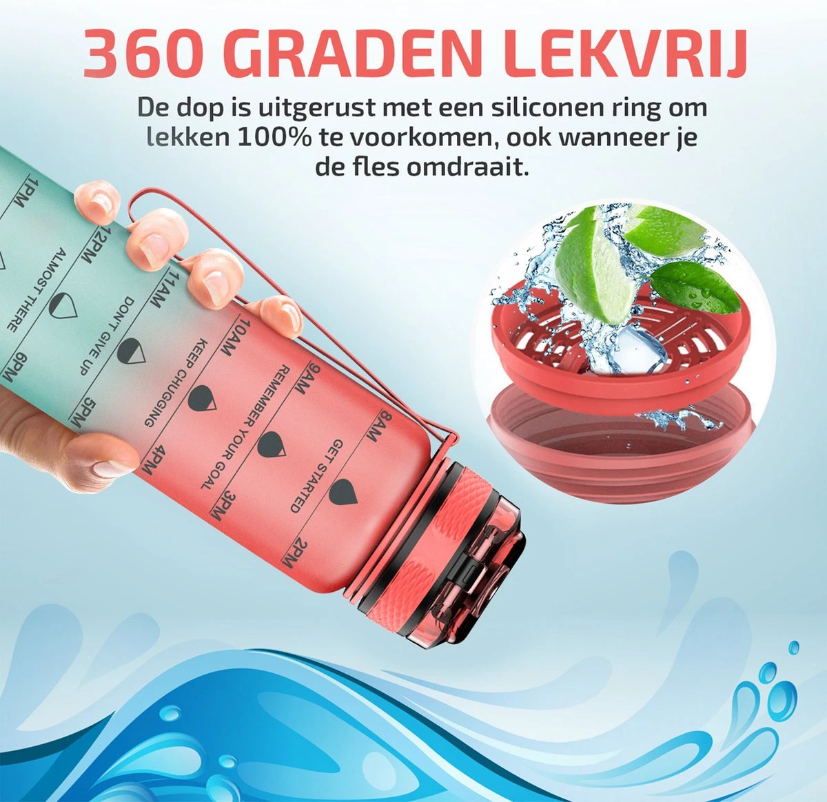 Lekro Waterfles Met Tijdmarkeringen - Motiverende Drinkfles Met Fruitfilter En Shake Bal/Shaker - 1 Liter - BPA Vrij - Roze/Blauw 4 Lekro Waterfles Met Tijdmarkeringen - Motiverende Drinkfles Met Fruitfilter En Shake Bal/Shaker - 1 Liter - BPA Vrij - Roze/Blauw - Afbeelding 2