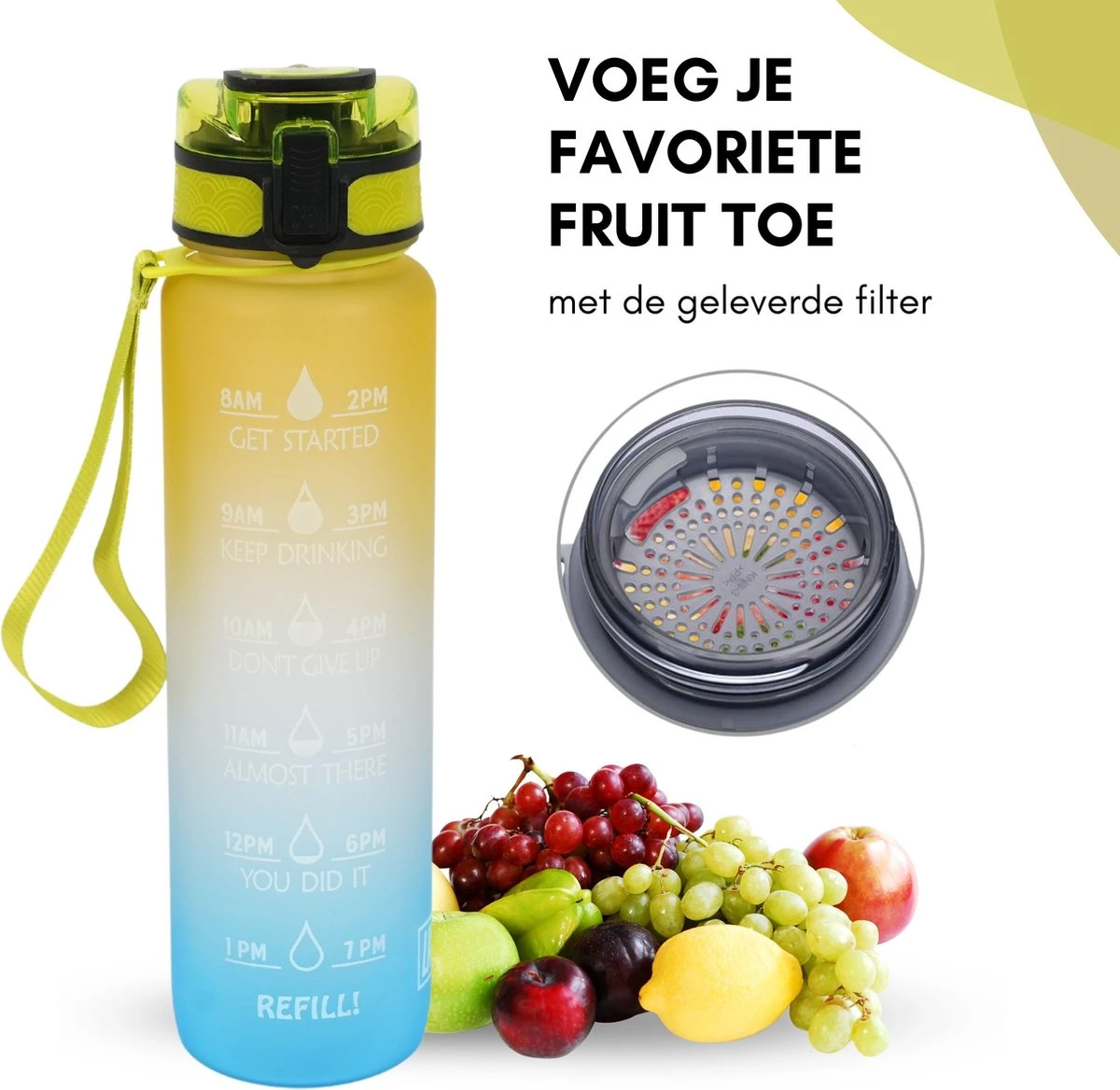 LaCardia Motivatie Waterfles Geel Blauw - 1 Liter Drinkfles - Waterfles Met Tijdmarkering - Geel + Blauw 4 LaCardia Motivatie Waterfles Geel Blauw - 1 Liter Drinkfles - Waterfles Met Tijdmarkering - Geel + Blauw - Afbeelding 2