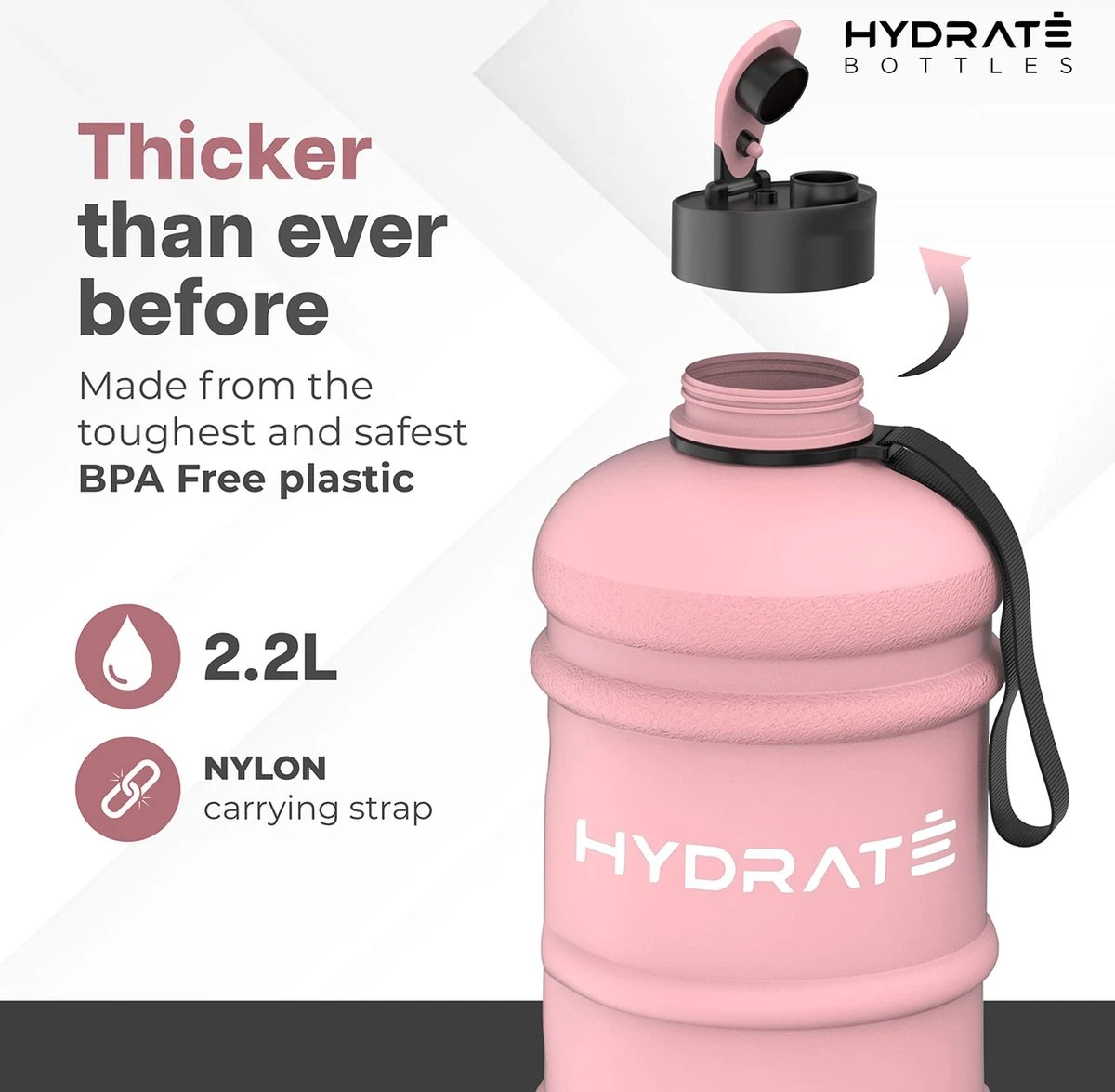 HYDRATE 2,2 Liter Sportfles - Duurzaam En Extra Sterk - BPA Vrij - Ideaal Voor: Sportschool, Dieet, Bodybuilding, Buitensport, Wandelen En Kantoor - Grote Waterfles (Mat Roze) 5 HYDRATE 2,2 Liter Sportfles - Duurzaam En Extra Sterk - BPA Vrij - Ideaal Voor: Sportschool, Dieet, Bodybuilding, Buitensport, Wandelen En Kantoor - Grote Waterfles (Mat Roze) - Afbeelding 3