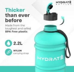 HYDRATE 2,2 Liter Sportfles - Duurzaam En Extra Sterk - BPA Vrij - Ideaal Voor: Sportschool, Dieet, Bodybuilding, Buitensport, Wandelen En Kantoor - Grote Waterfles (Mintgroen) -Aigostar winkel 1200x1175