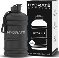 HYDRATE 2,2 Liter Waterfles - Nu Met Easy Drink Cap - Duurzaam En Extra Sterk - BPA Vrij - Ideaal Voor: Sportschool, Dieet, Bodybuilding, Buitensporten, Wandelen En Kantoor, Mat Zwart