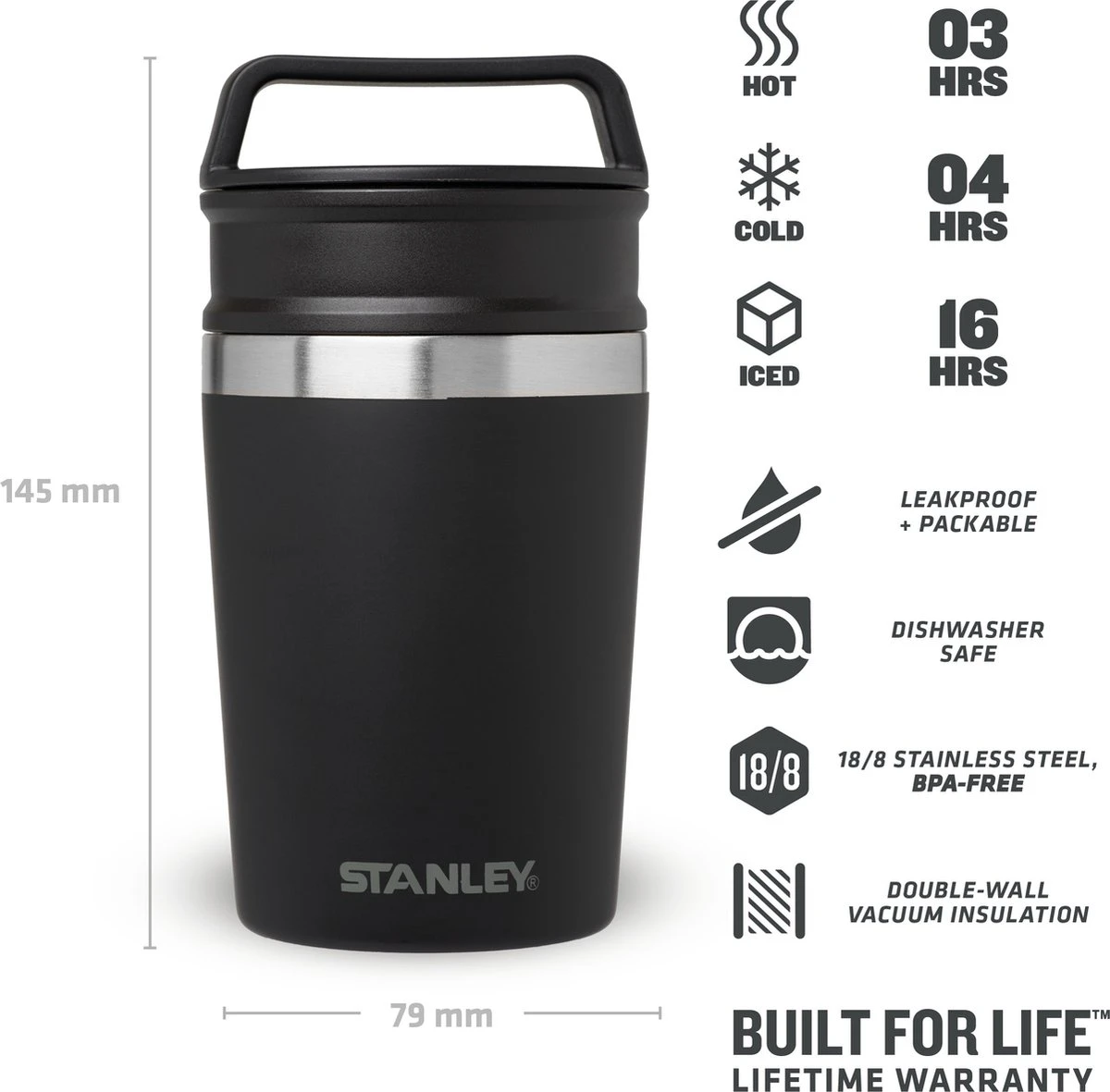 Stanley The Shortstack Travel Thermosbeker - 230 Ml - RVS/Mat Zwart 5 Stanley The Shortstack Travel Thermosbeker - 230 Ml - RVS/Mat Zwart - Afbeelding 3
