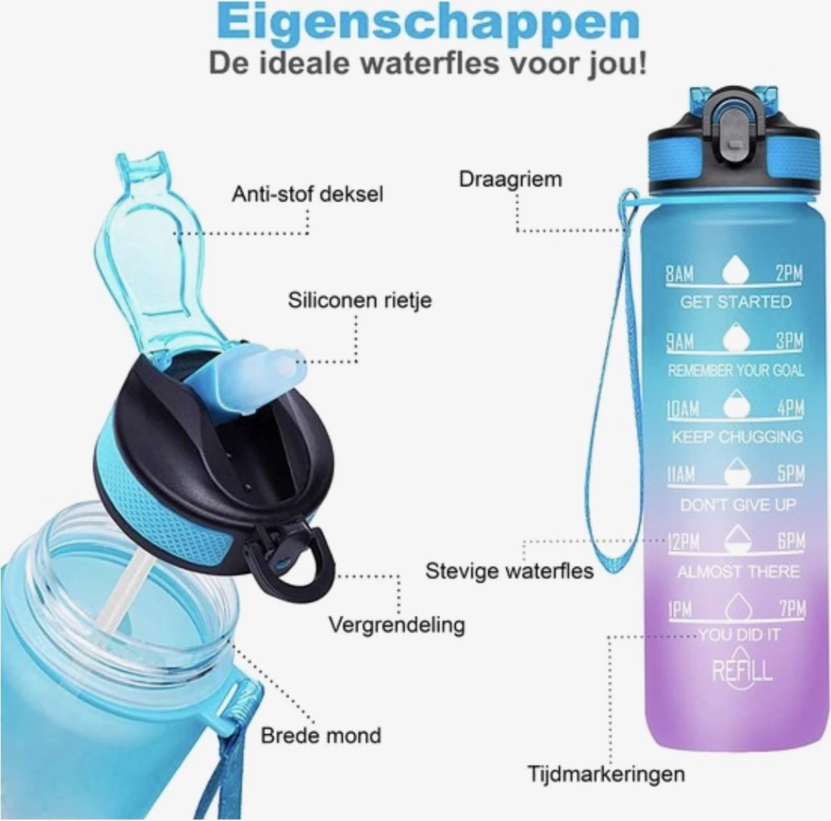 Designed On 45th | Motivatie Waterfles | Drinkfles Met Rietje | Waterfles Met Tijdmarkering | Waterfles 1 Liter | Blauw En Roze | BPA Vrij 4 Designed On 45th | Motivatie Waterfles | Drinkfles Met Rietje | Waterfles Met Tijdmarkering | Waterfles 1 Liter | Blauw En Roze | BPA Vrij - Afbeelding 2