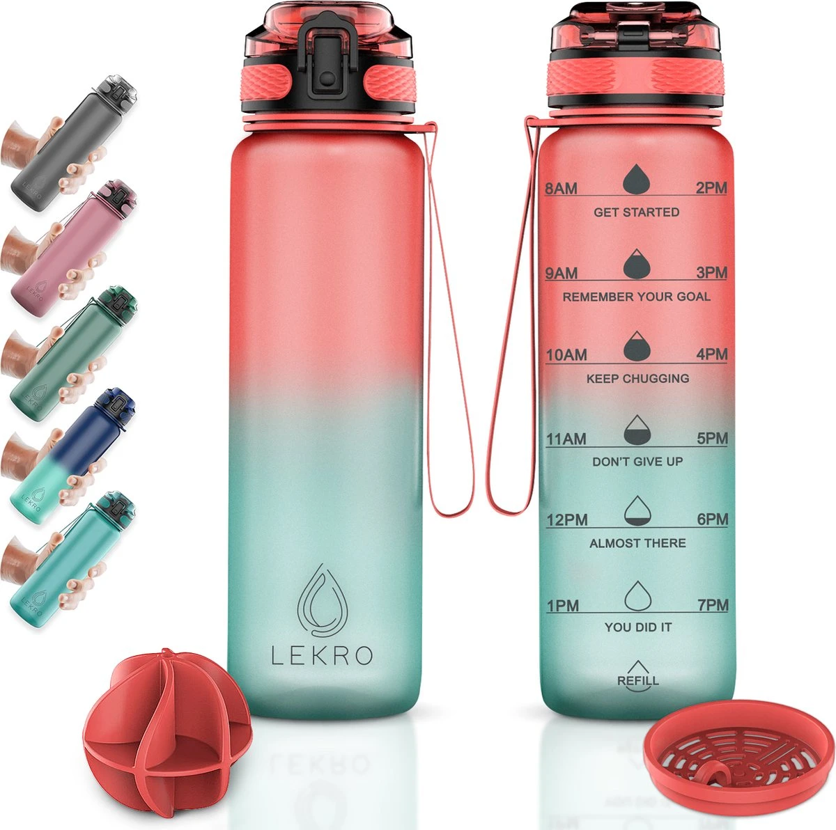 Lekro Waterfles Met Tijdmarkeringen - Motiverende Drinkfles Met Fruitfilter En Shake Bal/Shaker - 1 Liter - BPA Vrij - Roze/Blauw 3 Lekro Waterfles Met Tijdmarkeringen - Motiverende Drinkfles Met Fruitfilter En Shake Bal/Shaker - 1 Liter - BPA Vrij - Roze/Blauw