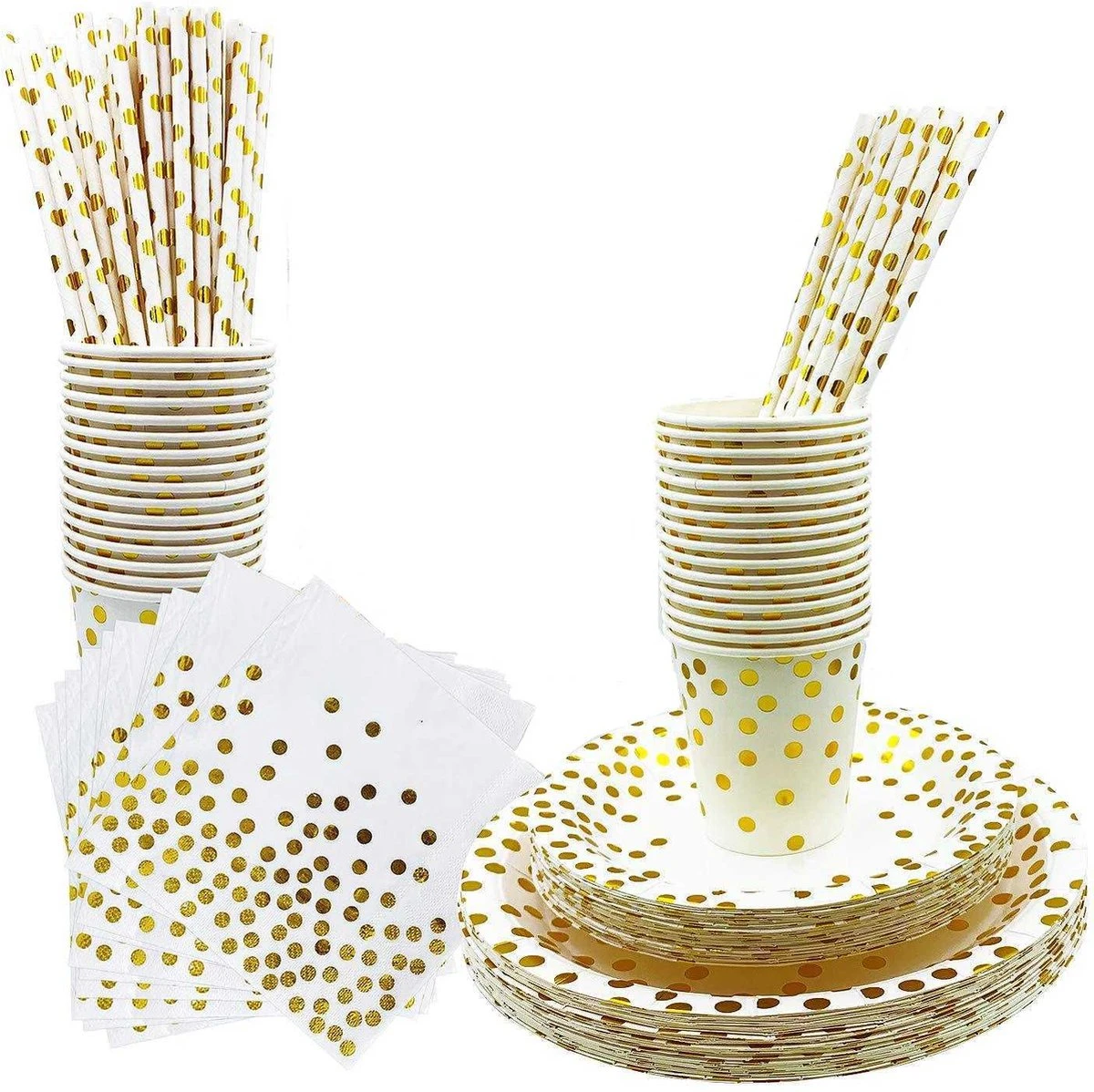 Wegwerp Servies Set 25 Personen - Borden En Bekers Feestartikelen - 25 Gasten – Wit Goud - Feestservies 3 Wegwerp Servies Set 25 Personen - Borden En Bekers Feestartikelen - 25 Gasten – Wit Goud - Feestservies