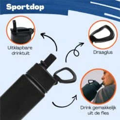 Waterfles 500 Ml Met Rietje Multifunctioneel - Drinkfles Volwassenen - RVS Inclusief 3 Doppen - 24uur Koud/12 Uur Warm - Zwart -Aigostar winkel 1200x1199 15