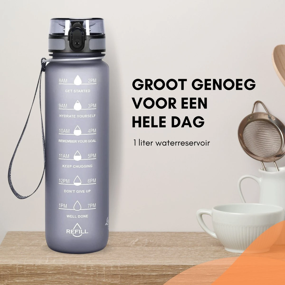 LaCardia Motivatie Waterfles Grijs - 1 Liter Drinkfles - Waterfles Met Tijdmarkering - Grijs 4 LaCardia Motivatie Waterfles Grijs - 1 Liter Drinkfles - Waterfles Met Tijdmarkering - Grijs - Afbeelding 2