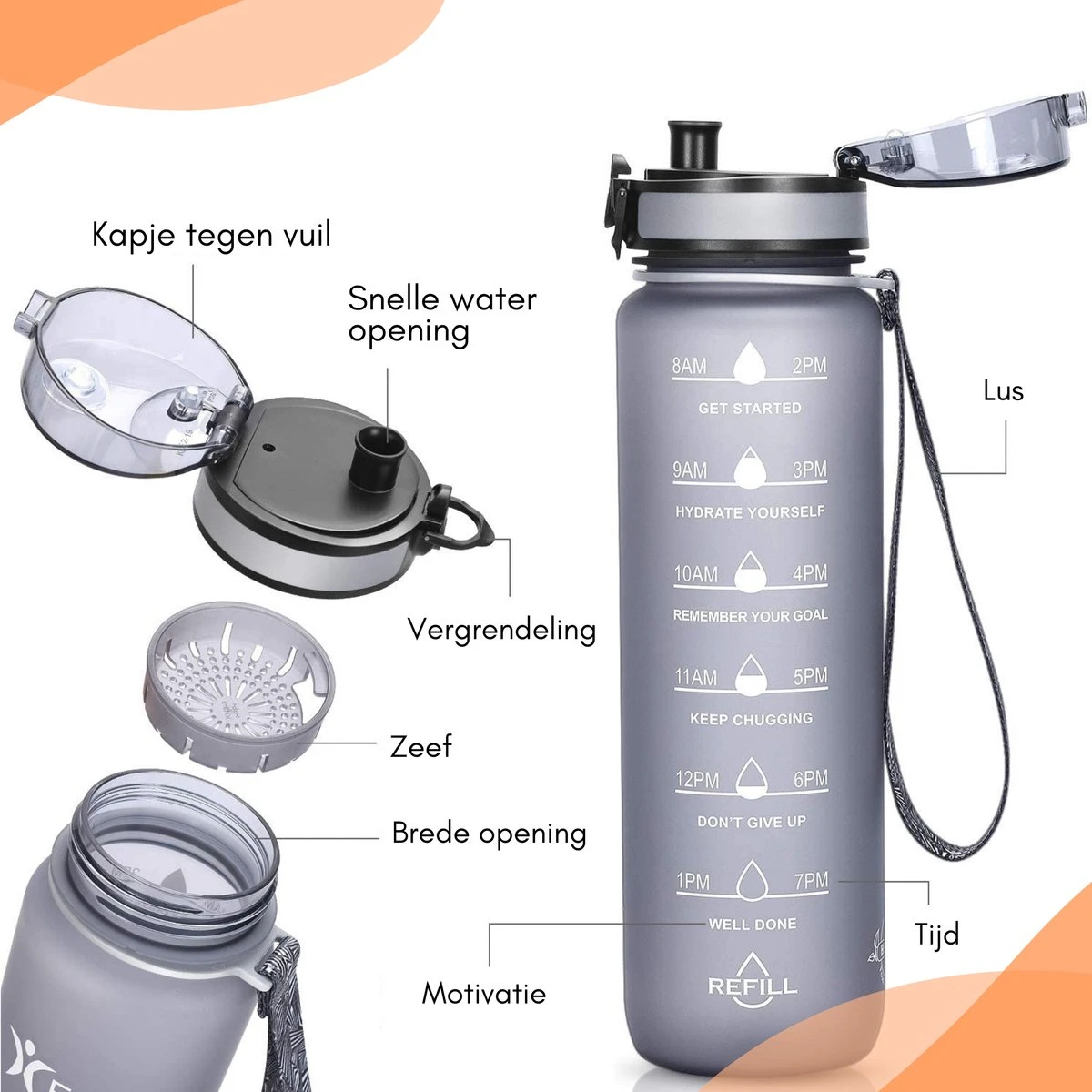 LaCardia Motivatie Waterfles Grijs - 1 Liter Drinkfles - Waterfles Met Tijdmarkering - Grijs 5 LaCardia Motivatie Waterfles Grijs - 1 Liter Drinkfles - Waterfles Met Tijdmarkering - Grijs - Afbeelding 3