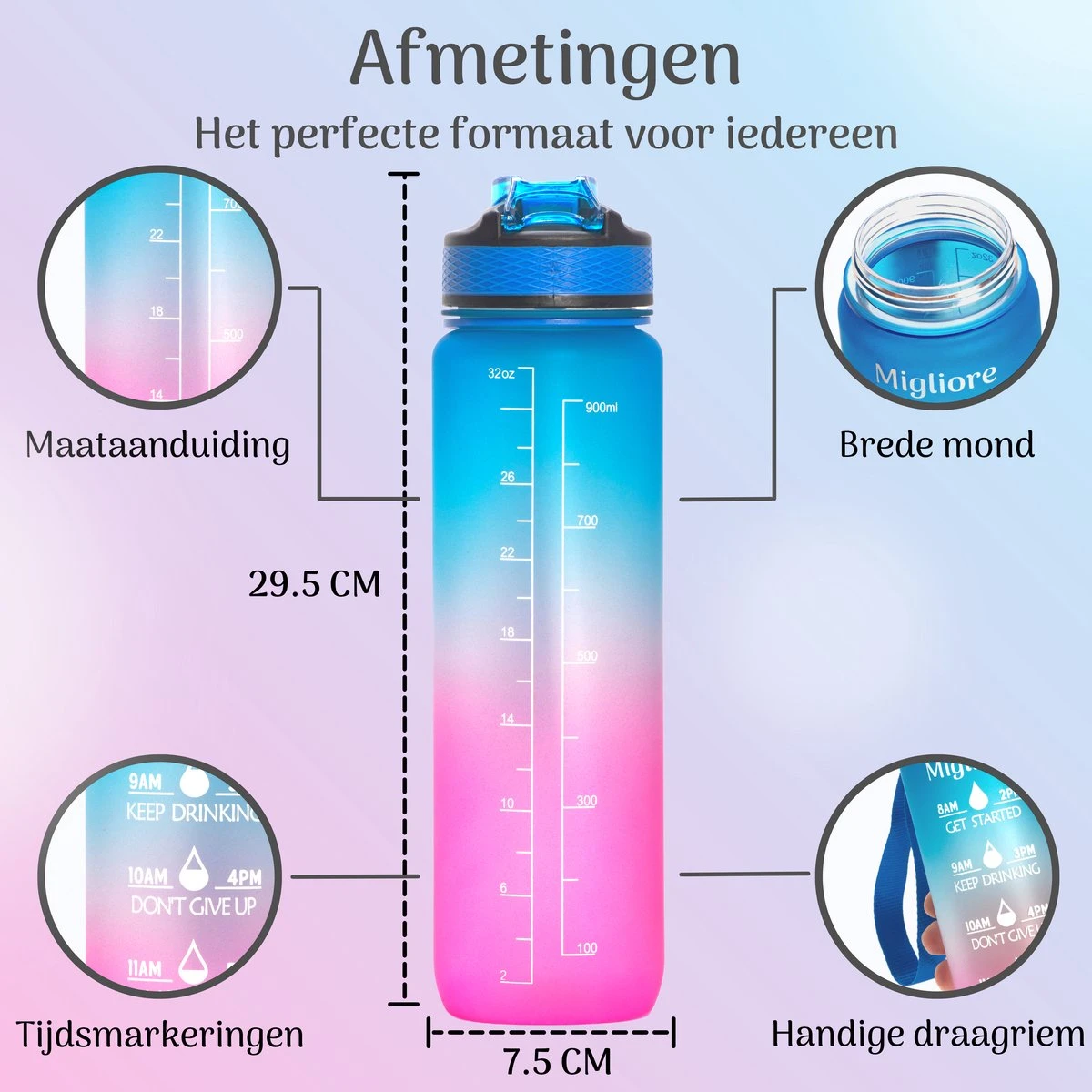 Migliore Drinkfles – Luxe Drinkfles Met Rietje – Waterfles 1 Liter – Water Bottle – Motivatie Waterfles Met Tijdmarkeringen, Ook In 600 Ml En 2 Liter 5 Migliore Drinkfles – Luxe Drinkfles Met Rietje – Waterfles 1 Liter – Water Bottle – Motivatie Waterfles Met Tijdmarkeringen, Ook In 600 Ml En 2 Liter - Afbeelding 3