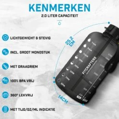 Fitcrafters Waterfles Met Tijdmarkeringen - Motiverende Drinkfles - 2L - BPA Vrij - Zwart -Aigostar winkel 1200x1200 139