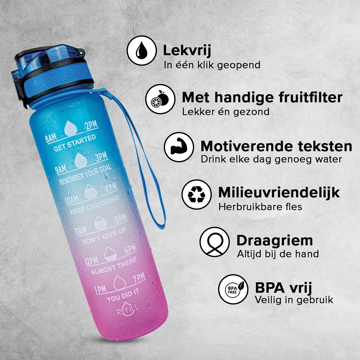 Merkloos Motivatie Waterfles - 1 Liter Drinkfles - Waterfles Met Rietje - Waterfles Met Tijdmarkering - BPA Vrij - Volwassenen - Kinderen - Hardlopen - Sporten - Mannen - Vrouwen- Cadeau - Fitness 5 Merkloos Motivatie Waterfles - 1 Liter Drinkfles - Waterfles Met Rietje - Waterfles Met Tijdmarkering - BPA Vrij - Volwassenen - Kinderen - Hardlopen - Sporten - Mannen - Vrouwen- Cadeau - Fitness - Afbeelding 3