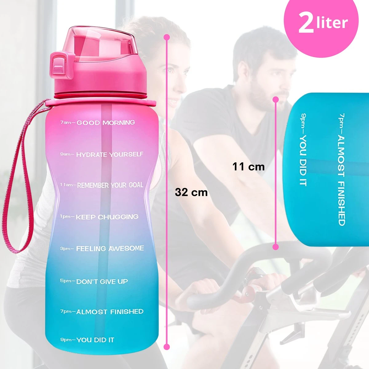 FLOOQ - Waterfles - Bidon - Sportdrankfles - Grote Waterfles - Rietje - 2 Liter - Lekvrij - Tijdsmarkering - Motivatie Waterfles - Blauw/Roze 7 FLOOQ - Waterfles - Bidon - Sportdrankfles - Grote Waterfles - Rietje - 2 Liter - Lekvrij - Tijdsmarkering - Motivatie Waterfles - Blauw/Roze - Afbeelding 5