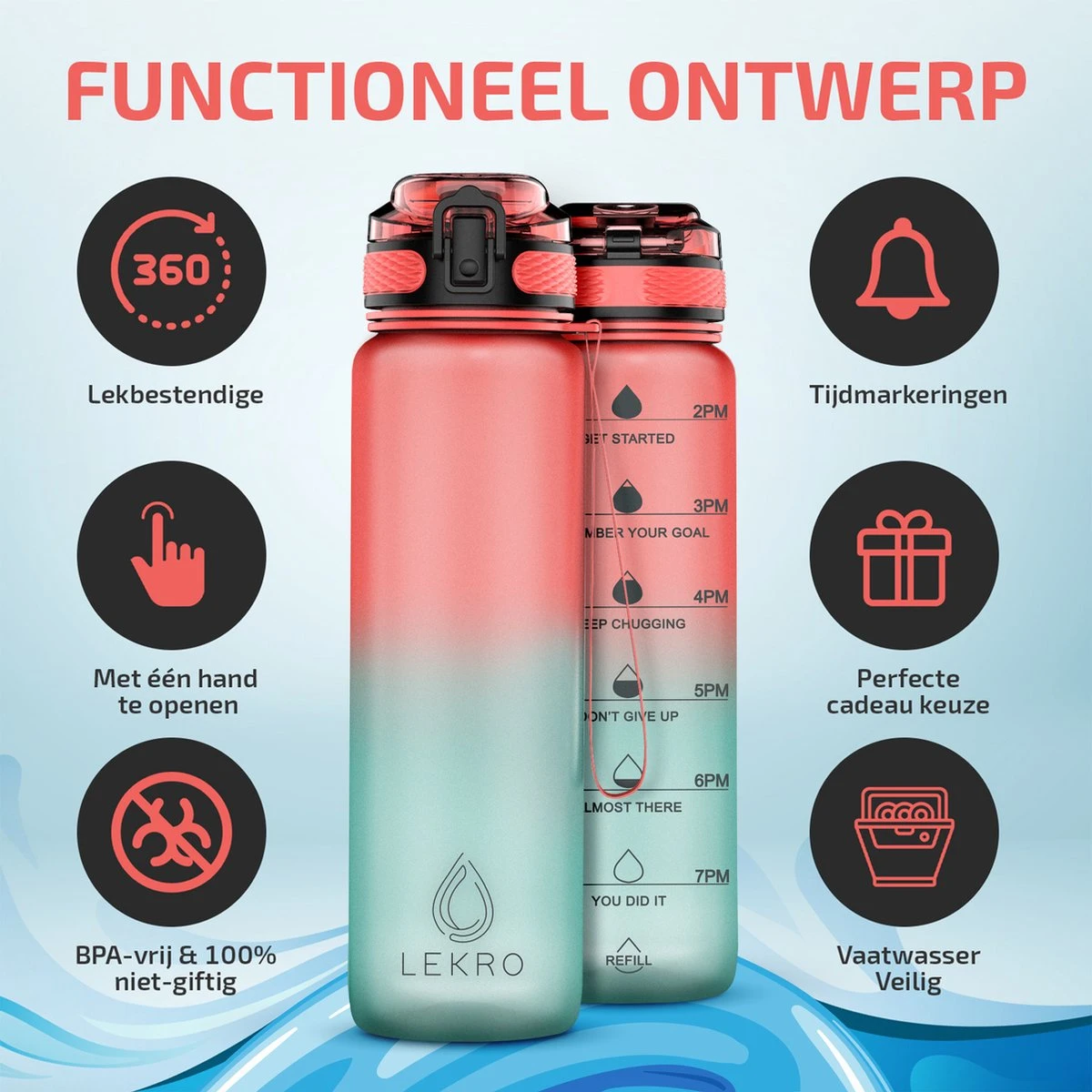 Lekro Waterfles Met Tijdmarkeringen - Motiverende Drinkfles Met Fruitfilter En Shake Bal/Shaker - 1 Liter - BPA Vrij - Roze/Blauw 8 Lekro Waterfles Met Tijdmarkeringen - Motiverende Drinkfles Met Fruitfilter En Shake Bal/Shaker - 1 Liter - BPA Vrij - Roze/Blauw - Afbeelding 6