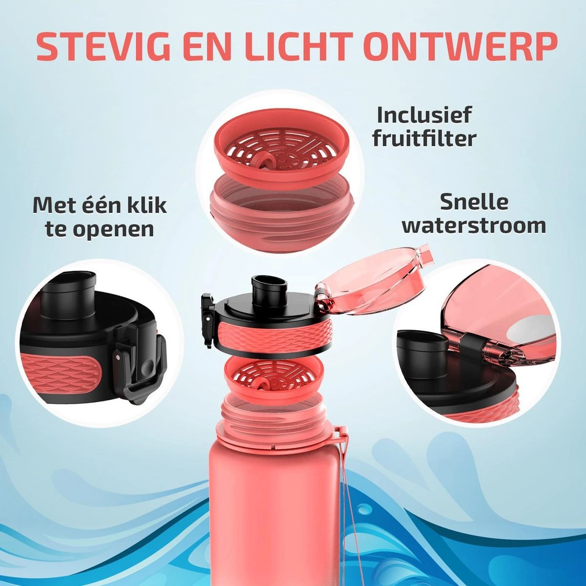Lekro Waterfles Met Tijdmarkeringen - Motiverende Drinkfles Met Fruitfilter En Shake Bal/Shaker - 1 Liter - BPA Vrij - Roze/Blauw 9 Lekro Waterfles Met Tijdmarkeringen - Motiverende Drinkfles Met Fruitfilter En Shake Bal/Shaker - 1 Liter - BPA Vrij - Roze/Blauw - Afbeelding 7