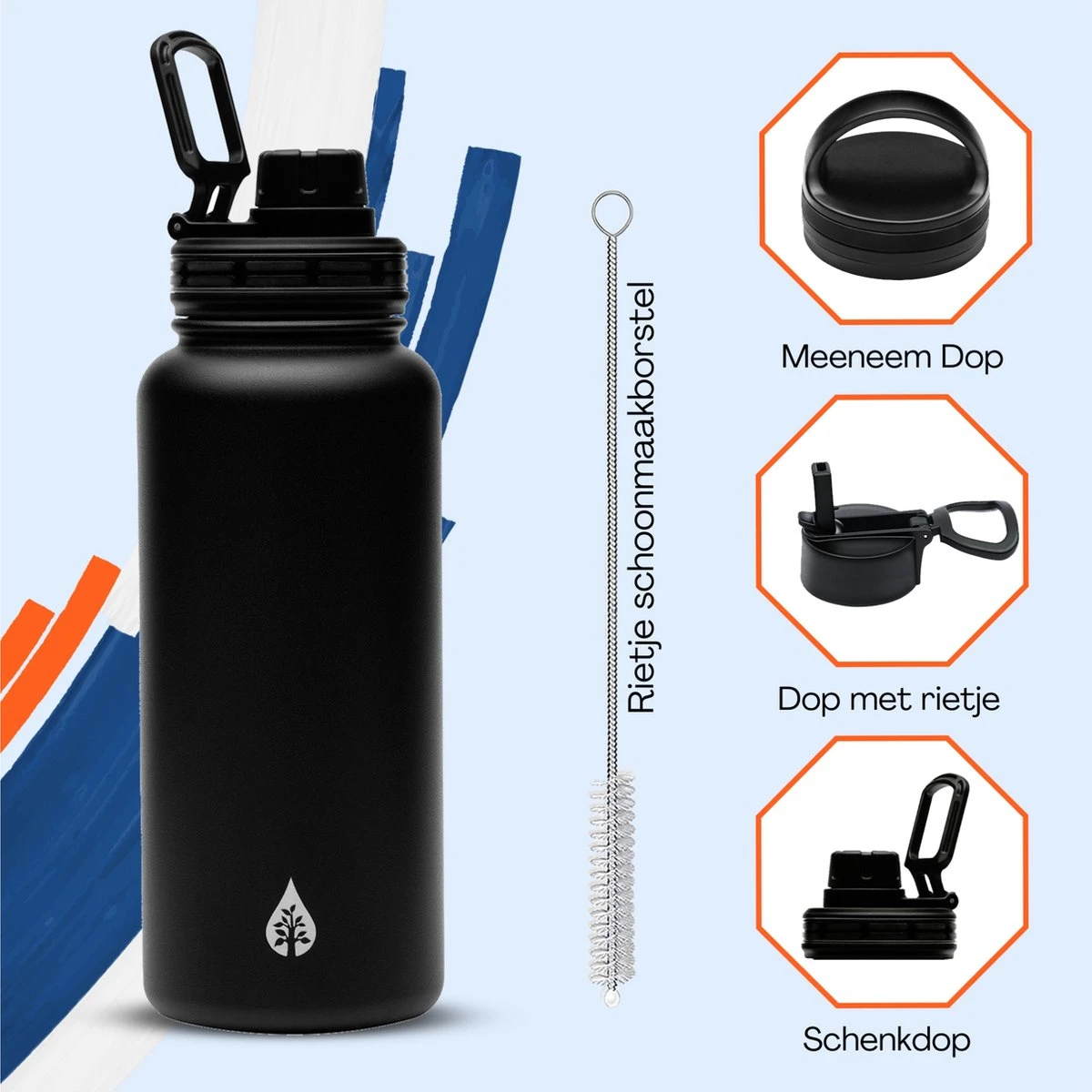 Waterfles 1 Liter Multifunctioneel Met Rietje - Drinkfles Volwassenen – Met 3 Doppen – RVS – 24uur Koud/12 Uur Warm - Zwart 9 Waterfles 1 Liter Multifunctioneel Met Rietje - Drinkfles Volwassenen – Met 3 Doppen – RVS – 24uur Koud/12 Uur Warm - Zwart - Afbeelding 7