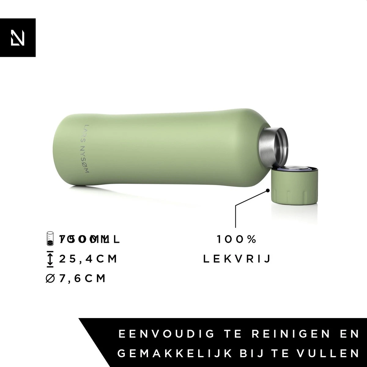 LARS NYSØM Roestvrijstalen Drinkfles 'Bølge' 750ml Sage 5 LARS NYSØM Roestvrijstalen Drinkfles 'Bølge' 750ml Sage - Afbeelding 3