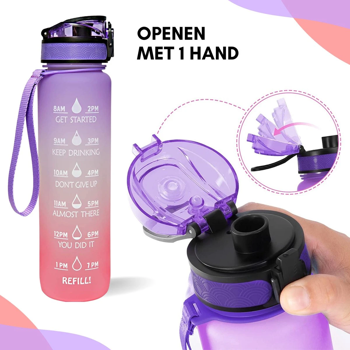 LaCardia Motivatie Waterfles Paars Oranje- 1 Liter Drinkfles - Waterfles Met Tijdmarkering - Paars Oranje 4 LaCardia Motivatie Waterfles Paars Oranje- 1 Liter Drinkfles - Waterfles Met Tijdmarkering - Paars Oranje - Afbeelding 2