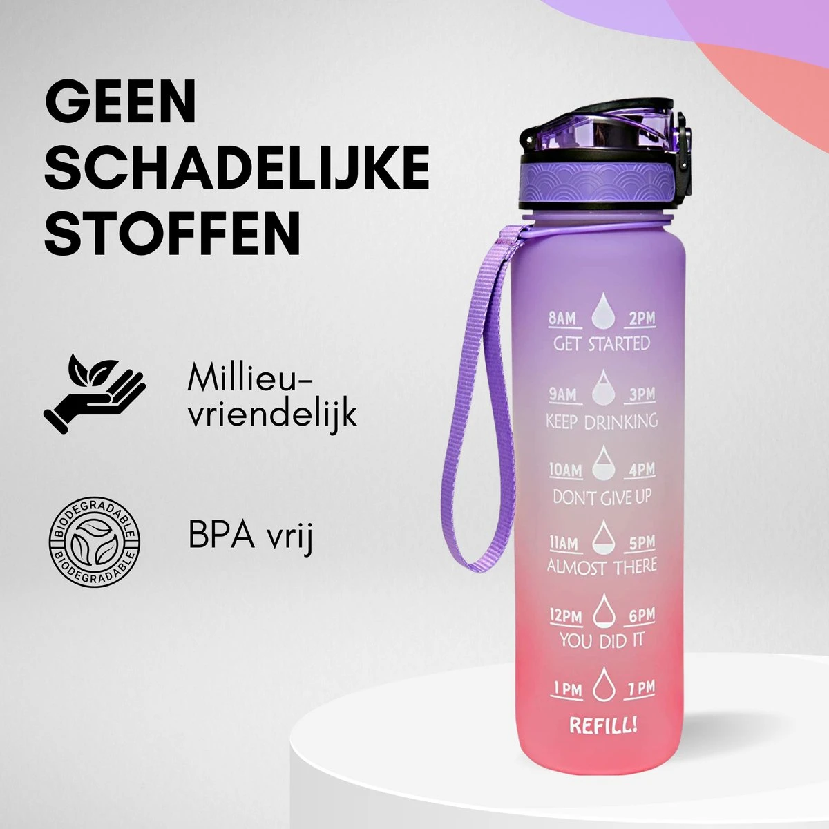 LaCardia Motivatie Waterfles Paars Oranje- 1 Liter Drinkfles - Waterfles Met Tijdmarkering - Paars Oranje 6 LaCardia Motivatie Waterfles Paars Oranje- 1 Liter Drinkfles - Waterfles Met Tijdmarkering - Paars Oranje - Afbeelding 4
